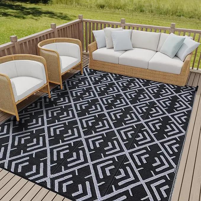 Outdoor Plastic Straw Rug, Waterproof Outdoor Rugs for Patios Clearance, Reversible Area Rug, Large Outside Carpet for Camping, Balcony, RV, Deck, Picnic, Beach (6x9ft Boho/Black&Grey) by GreenHaven Gardens