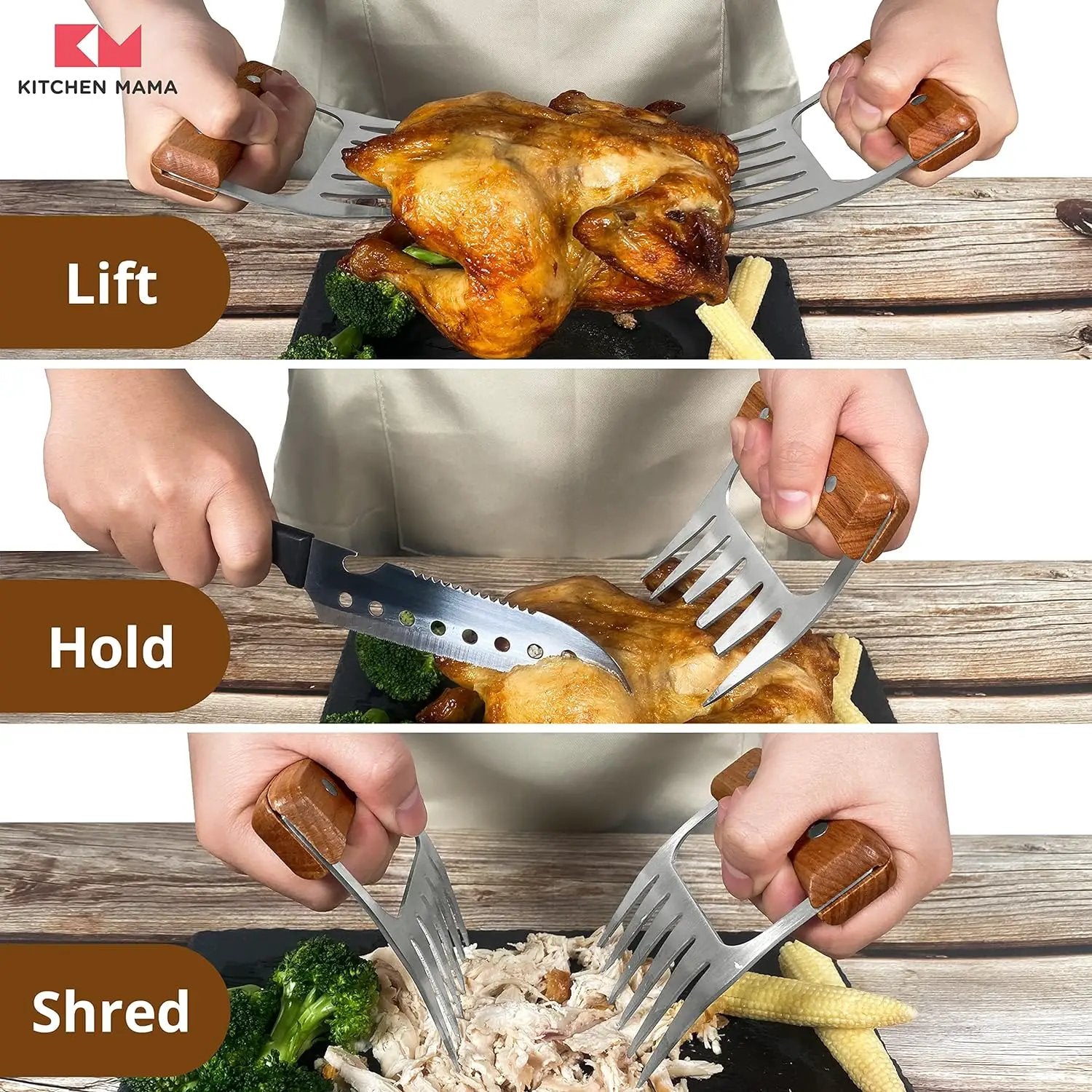 Kitchen Mama Meat Claws: Stainless Steel Shredder Claws with Wooden Handle for BBQ, Shredding, Pulling Pork, Chicken, Beef, and Turkey - Perfect for Grill Masters (1 Pair) by GreenHaven Gardens