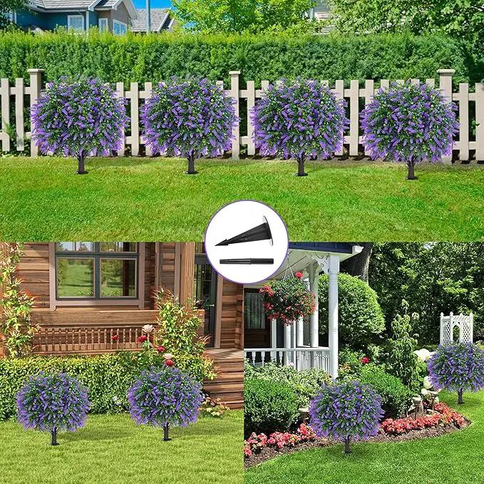 Artificial Boxwood Topiary Ball with Lavender, Set of 2 Artificial Shrub Bushes with Ground Spike, Fake Evergreen Tree for Porch, Artificial Plants for Outdoor Planters Indoor UV Resistant by GreenHaven Gardens