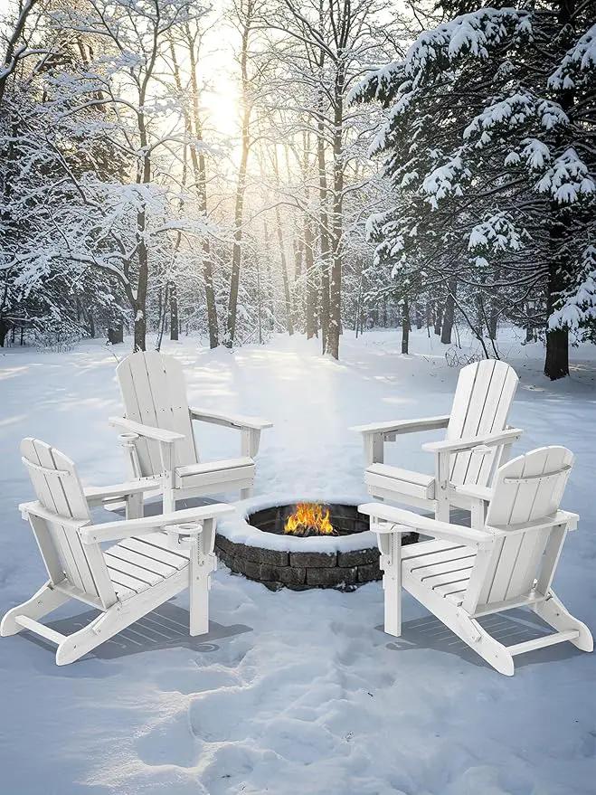 KINGYES Folding Adirondack Chair Set of 4, Dual Cup Holders & All-Weather HDPE, Wood-Like Patio Chair for Backyard, Camping, Pool & Fire Pit, White by GreenHaven Gardens