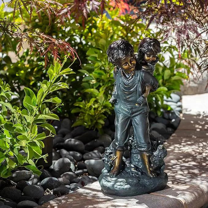 Alpine Corporation 16" Tall Indoor/Outdoor Patina Finish Piggyback Kids Yard Statue Decoration by GreenHaven Gardens