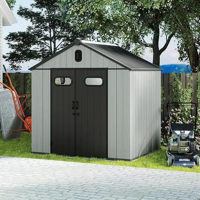 Domi 8x6FT Outdoor Resin Storage Shed with Transparent Windows & Louvered Vents, Plastic Tool Shed with Double Lockable Doors & Gable Roof, Outside Garden Shed for Backyard, Patio, Lawn, Grey by GreenHaven Gardens