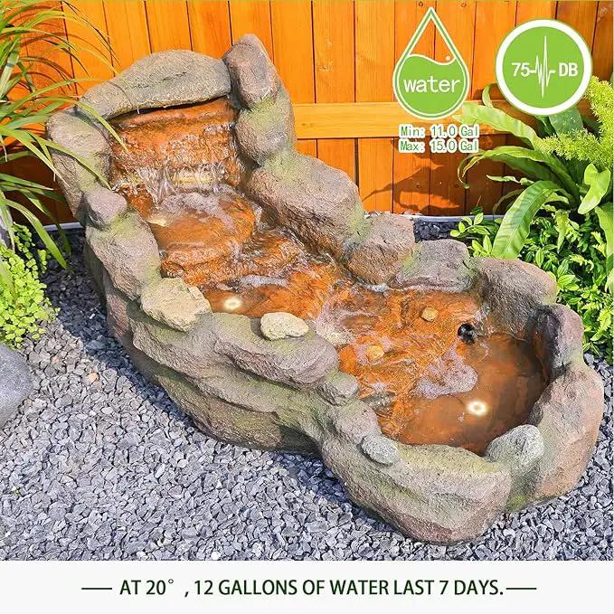 Garden Outdoor Water Fountain, 42.1" L Floor Standing Tiered Rock Outdoor Fountains with LED Lights and Pump for Garden, Backyard, Deck, Patio, Porch and Home Art Decor by GreenHaven Gardens