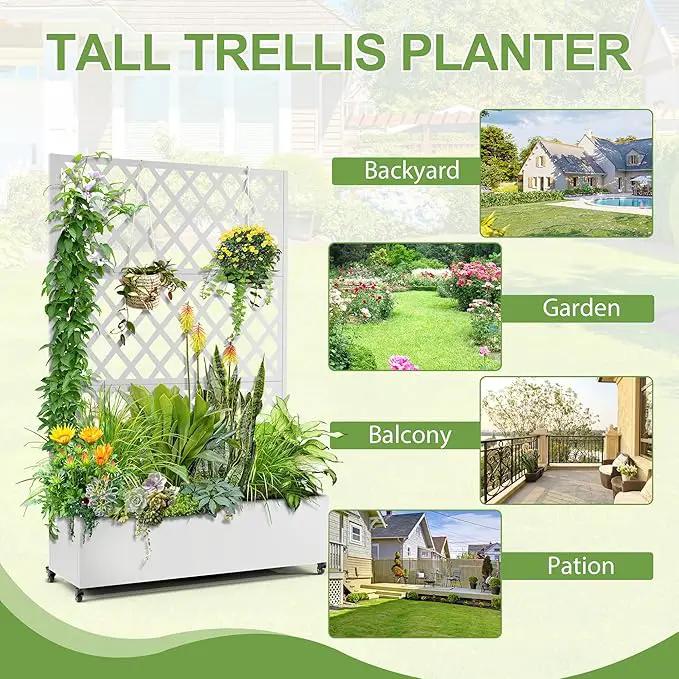 Metal Planter Trellis Box with Wheels & Drain Plug Outdoor Raised Garden Bed Patio Privacy Screen with Planter for Climbing Plants, Vegetables 73"x47"x16" White-Diamond by GreenHaven Gardens
