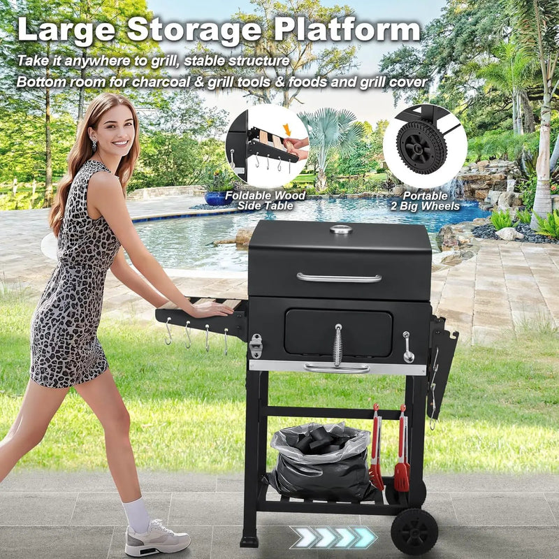 MELLCOM Charcoal Grill with Wood Foldable Side Table - 338 Sq.In BBQ Area with Individual Lifting Charcoal Trays & Thermometer, Movable Charcoal Grill for Outdoor Patio, Garden and Backyard by GreenHaven Gardens