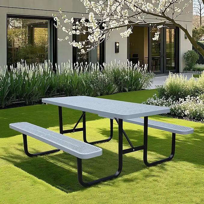 6FT Metal Picnic Tables for Outdoors, Commercial Rectangular Picnic Table and Bench Set for Outside, Patio, Garden, Backyard, Porch, Surface Mount, Grey by GreenHaven Gardens