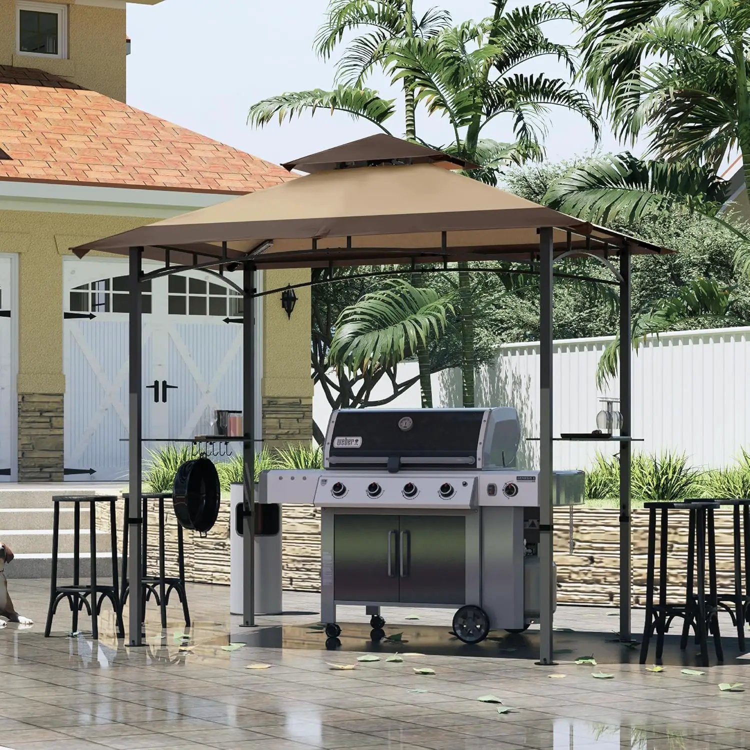 MASTERCANOPY 8 x 5 Grill Gazebo Outdoor BBQ Gazebo Canopy with 2 LED Lights (Brown Stitching Khaki) by GreenHaven Gardens