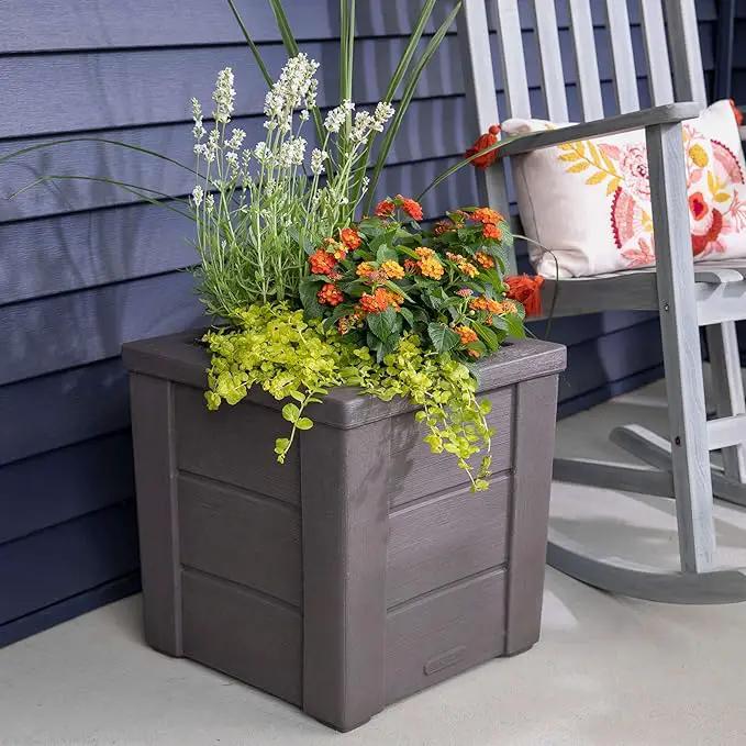 Step2 Lakewood Square Planter, Large Planters for Outdoor Plants, Gardening and Flower Pot for Patio or Porch, Efficient Drainage, Durable Plastic, Dark Cedar, 1-Pack by GreenHaven Gardens