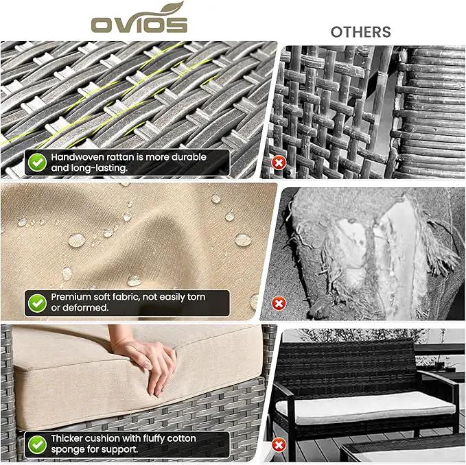 ovios 6 Pieces Patio Furniture Set with 54" Fire Pit Table, Outdoor Wicker Sofa with Comfy Cushions, All Weather High Back Rattan Couch Conversation Set, Beige by GreenHaven Gardens
