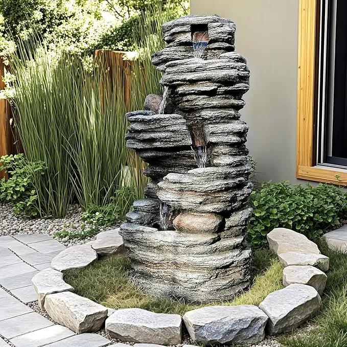 40" Outdoor Water Fountain with LED Lights - 5-Tier Cascading Rock Waterfall Fountain, Natural Rock Look, Ideal for Garden, Landscaping, Patio, Balconies and Yard Decor by GreenHaven Gardens