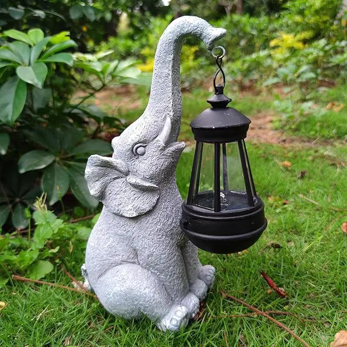 Elephant Solar Garden Statues,Resin Elephant Figurine Decorations with Solar Lights Lantern, Outdoor Elephant Decor Art for Lawn,Yard, Unique Housewarming Gift for Garden Home, VY-0617 by GreenHaven Gardens