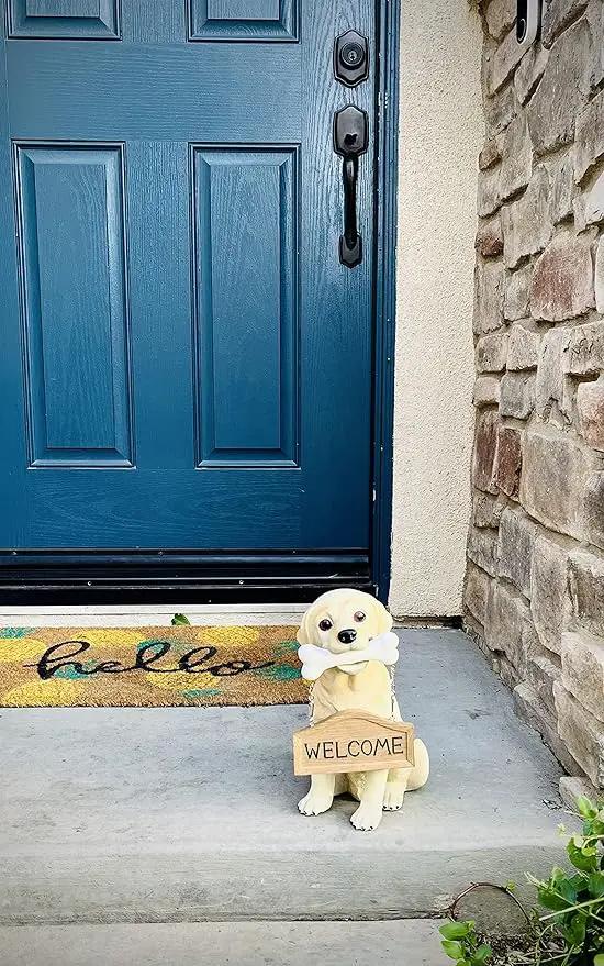 Nature's Mark Labrador Retriever Dog Puppy Statue with Reversible Welcome Sign and Go Away Sign Resin Garden Decor 12" H by GreenHaven Gardens