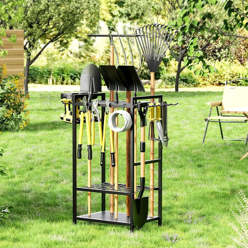 Garden Garage Tool Organizer Yard Tool Organizer for Garage with 4 Hooks, Heavy duty Steel Garden Tool Rack Holds up to 48 Long Handled Yard tools for Storage by GreenHaven Gardens