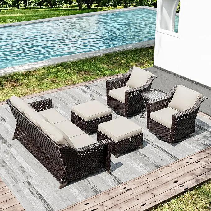 Joyside Wicker Patio Furniture Sets, 6 Pieces Upgraded Large Size Outdoor Furniture with Swivel Rocking Patio Chairs, Outdoor Ottoman, 3-Seat Sofa and Side Table, Thick Cushions, Wide Armrest by GreenHaven Gardens