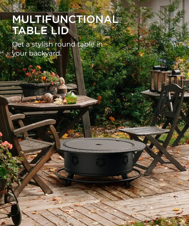35 Inch Fire Pit with BBQ Grill, Wood Burning Fire Pits for Outside with Lid & Fire Poker, 3 in 1 Round Metal Fire Pit Table with Cooking Grate, Outdoor Firepit for Backyard, Patio, Bonfire, Picnic by GreenHaven Gardens
