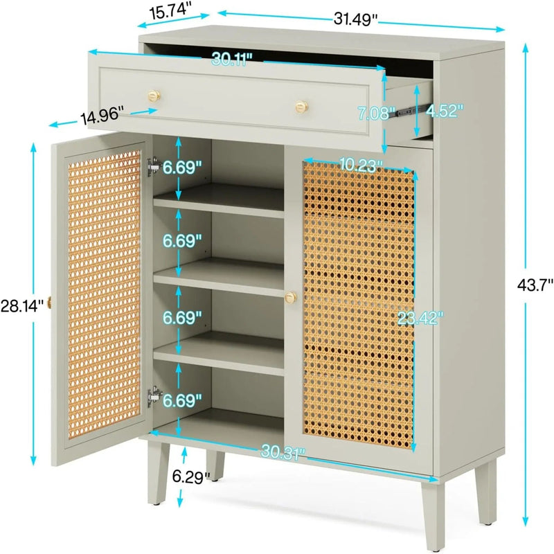 Shoe Cabinet With Rattan Doors And Drawer, 4 Tier Storage Organizer - Mint Green by HouseOfZazla