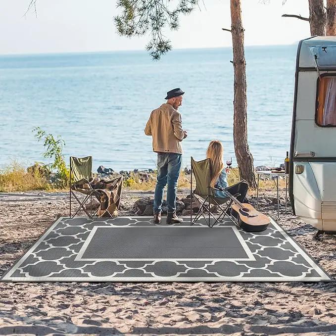GENIMO 6' x 9' Outdoor Rug Waterproof for Patio Decor, Foldable Reversible Plastic Straw Area Rugs Mat for Camper, Outside Carpet for Rv, Deck, Porch, Picnic, Beach, Balcony, Grey & Beige White by GreenHaven Gardens