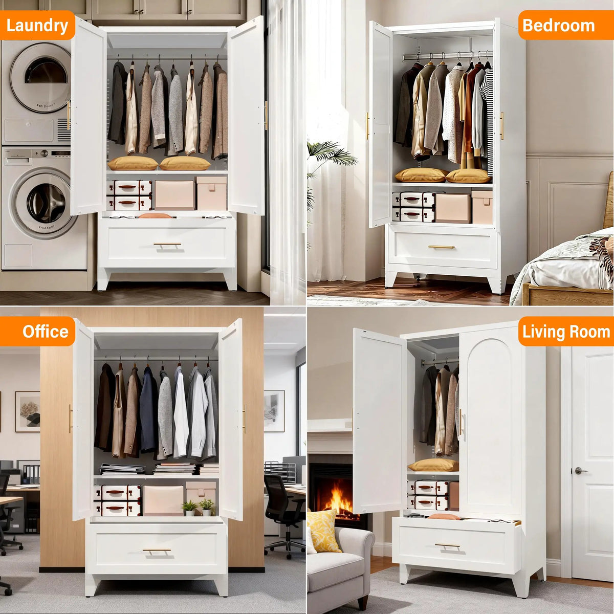 60" Tall Metal Wardrobe Cabinet with Drawer and Hanging Rod by HouseOfZazla