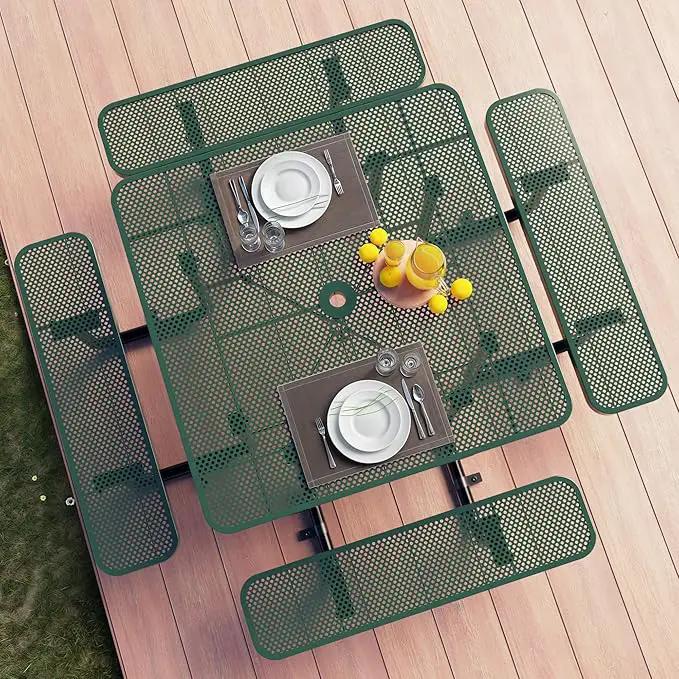 Metal Picnic Tables for Outdoors with Umbrella Hole - Coated Steel Heavy Duty Commercial Grade Table with Adjustable Seats (Green, 46 in, Square, Punched Steel) by GreenHaven Gardens