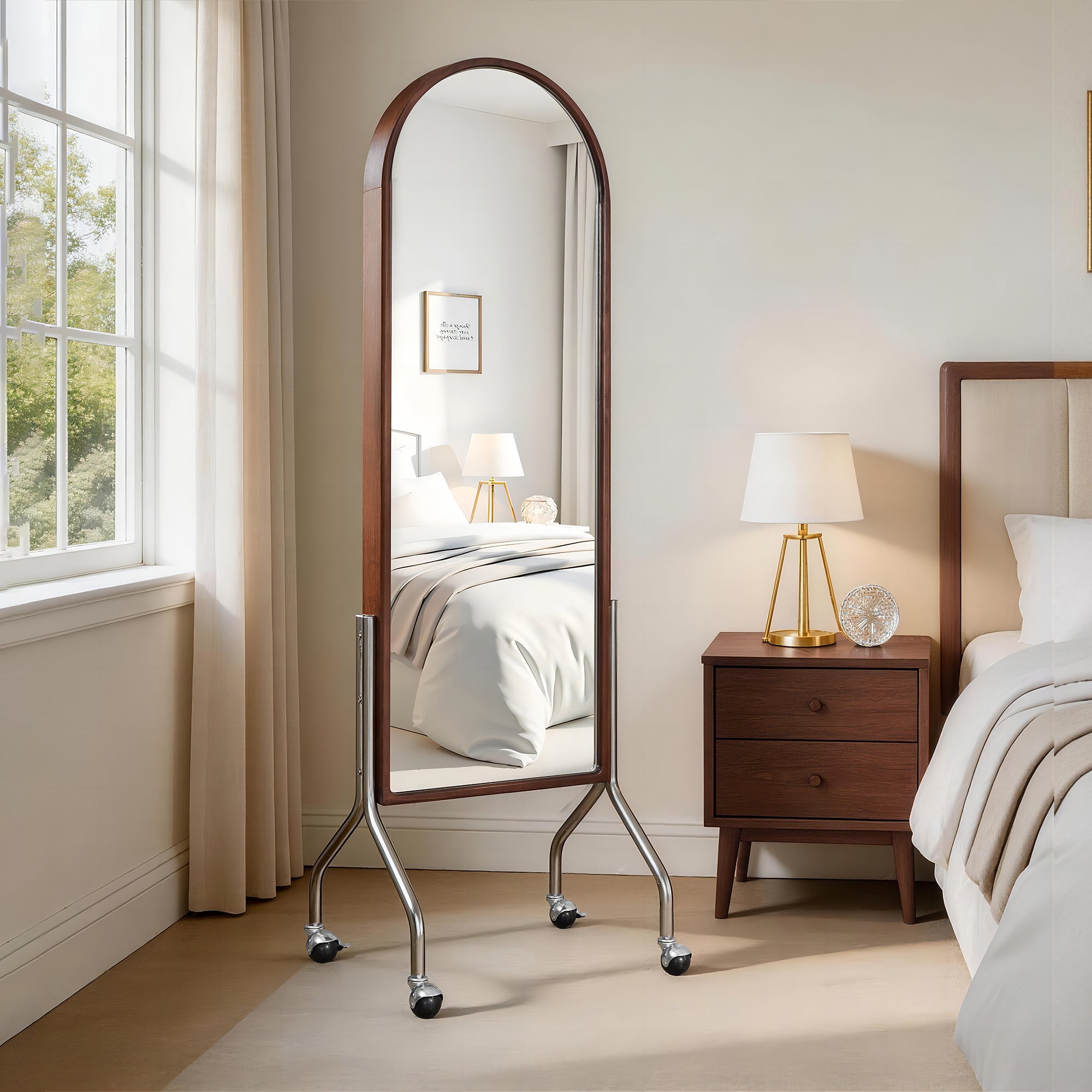 Arched Full Length Mirror with Storage Shelves & Wheels by HouseOfZazla