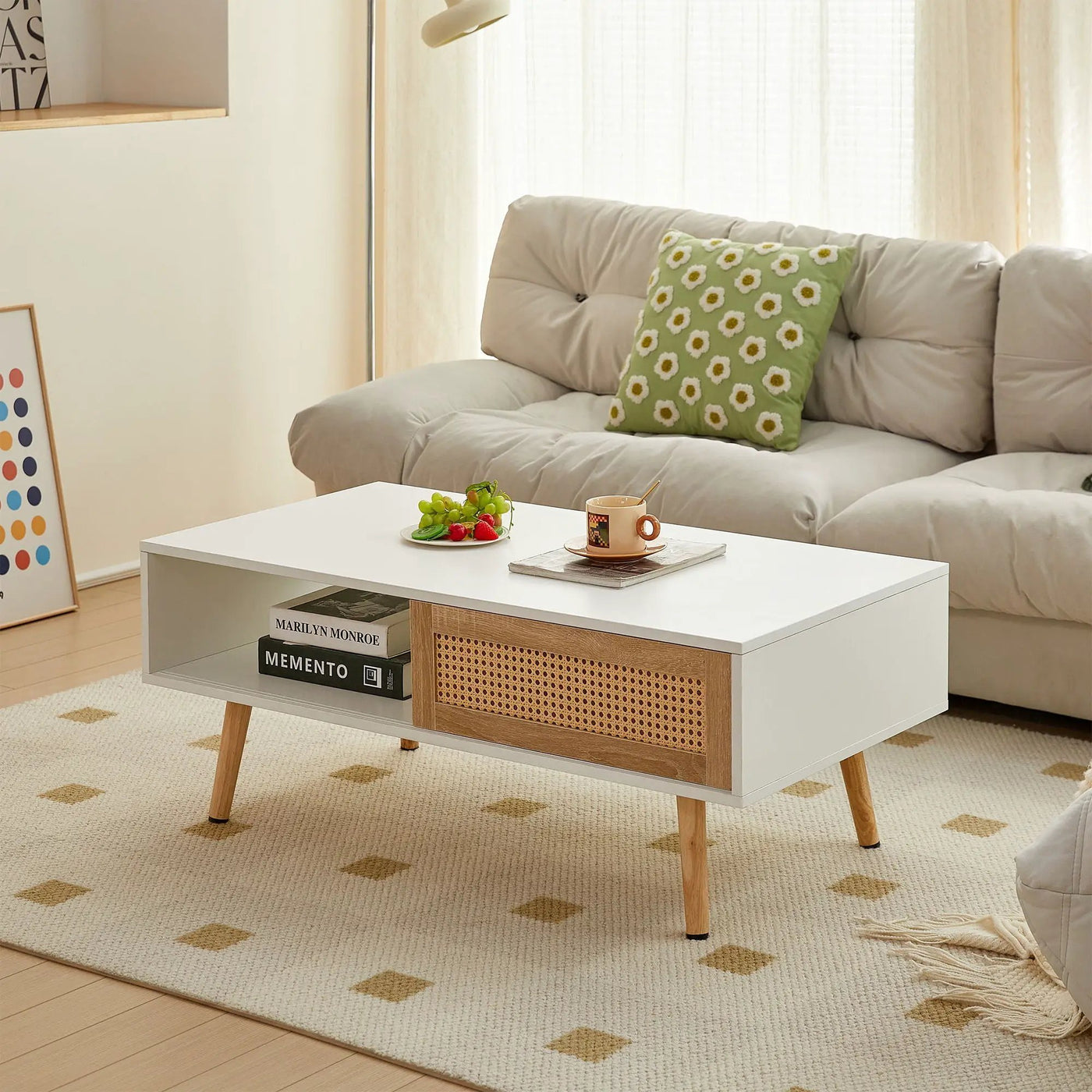 41.34" Rattan Coffee Table, Sliding Door For Storage, Solid Wood Legs, Modern Table For Living Room by Unique Piece Furniture