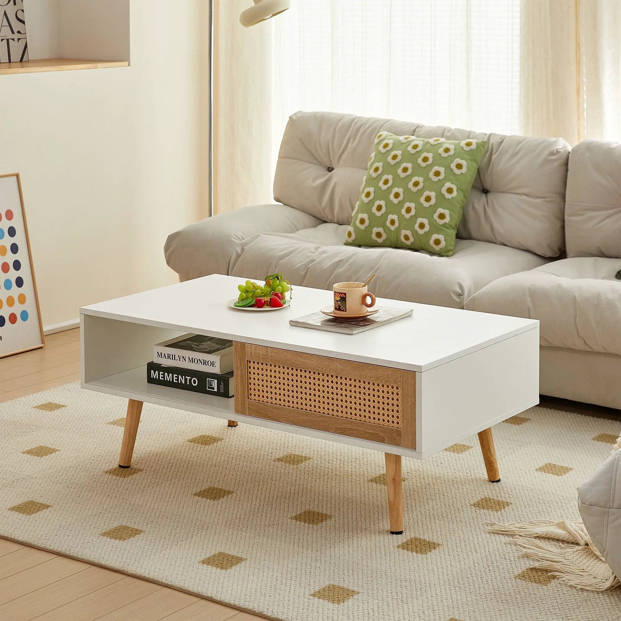 41.34" Rattan Coffee Table, Sliding Door For Storage, Solid Wood Legs, Modern Table For Living Room by Unique Piece Furniture