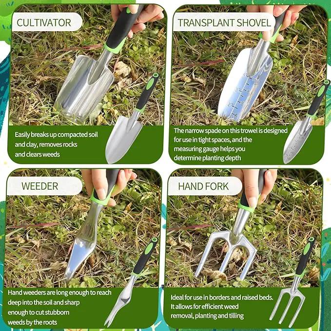 Garden Tool Set, 11 Piece Stainless Steel Heavy Duty Gardening Supplies with Green Black Handle Outdoor Weeding Gifts for Women by GreenHaven Gardens
