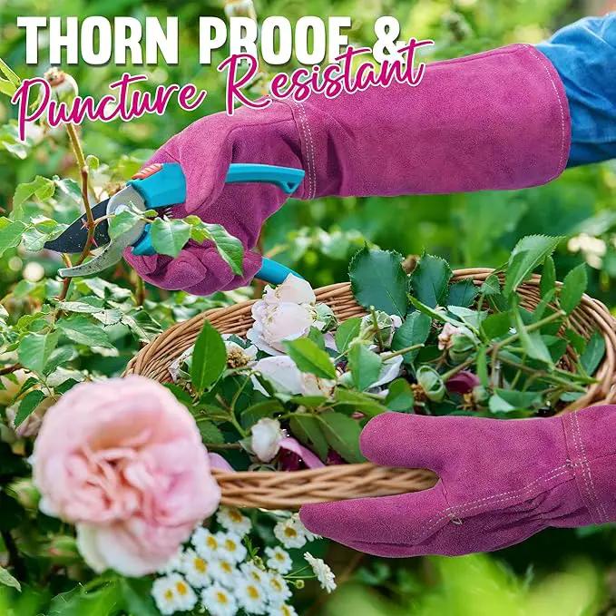 HANDLANDY Ladies Leather Gardening Gloves, Thorn Proof Women Rose Pruning Garden Yard Glove, Heavy Duty Long Sleeve Gloves (Medium, Rosy) by GreenHaven Gardens