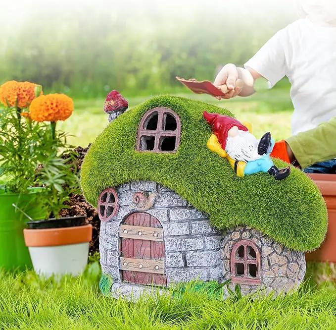 ILLUMINEW House Garden Statues with Solar Lights, LED Cute Flocked Fairy House with Gnomes Garden Figurine, Outdoor Patio Yard Lawn Decorations Gift by GreenHaven Gardens
