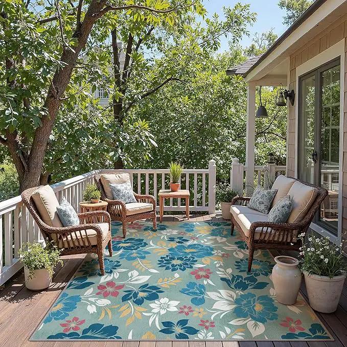 GENIMO Indoor Outdoor Area Rug 6' X 9' Waterproof, Washable Patio Rug Non Shedding, Easy Cleaning Floral Outdoor Carpet for Living Room, Bedroom, Dining Room, Balcony, Backyard, Deck, RV, Blue Grey by GreenHaven Gardens