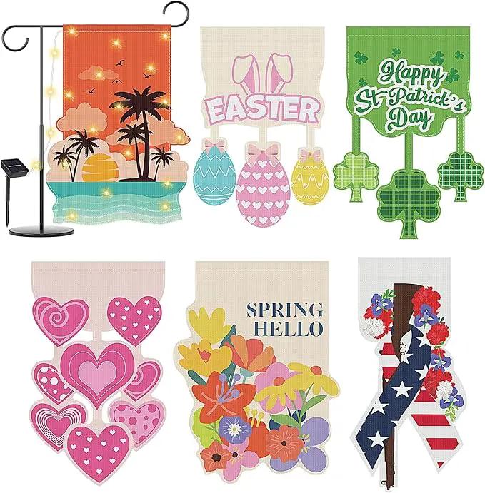 6 Set Seasonal Garden Flags 8 Modes Solar LED Double Sided 12 x 18 Inch Small Yard Flag Outdoor Lighted Spring Summer Easter Memorial St. Patrick's Day Valentine Garden Decor for All Seasons by GreenHaven Gardens