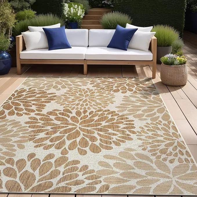 Beverly Rug Outdoor Rug 9x12 Modern Exotic Tropical Leaf Area Rugs for Indoor and Outdoor Patio Deck Porch Garden Water Resistant Washable Outside Carpet (9 x 12 Beige) by GreenHaven Gardens
