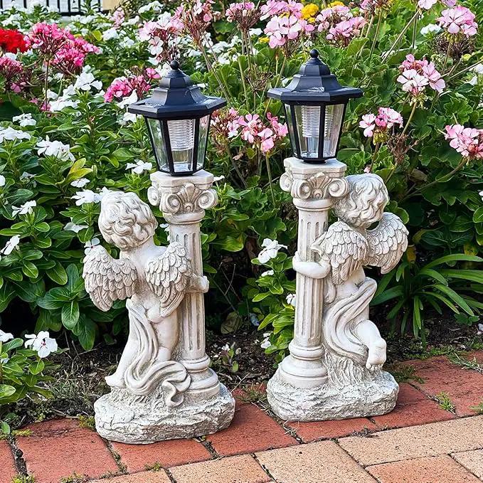 Angel Statue with Solar Lights (Left) 19.7 Inch, Outdoor Solar Angel Garden Statue with Roma Pillar for Garden Lawn Deocr, Christian Religious Gift by GreenHaven Gardens