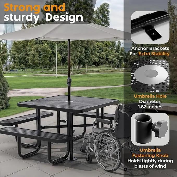 Metal Picnic Tables for Outdoors with Umbrella Hole - Coated Steel Heavy Duty Commercial Grade Table with Adjustable Seats (Black, 46 in, Square, Punched Steel) by GreenHaven Gardens