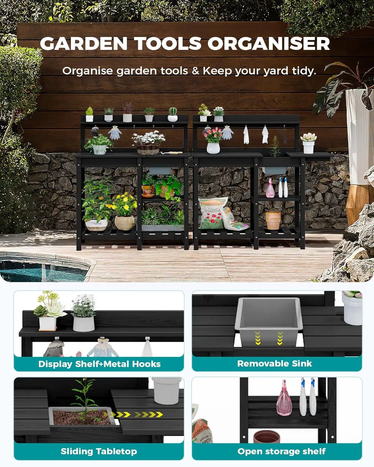 SERWALL Outdoor Potting Bench Potting Table with Sink, HDPE Potting Benches with Storage for Outside Gardening Table All Weather Use- Black by GreenHaven Gardens