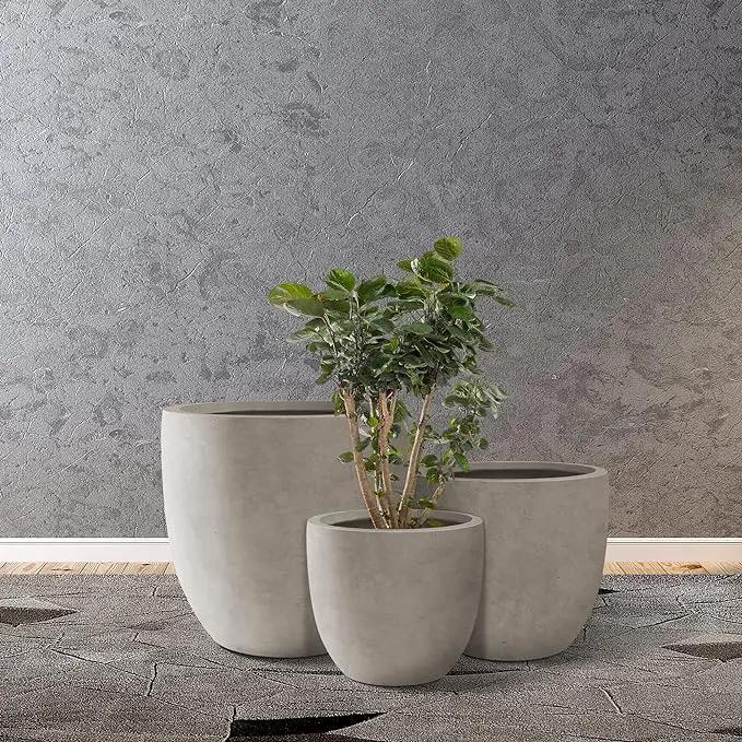 Kante 18",14",10" Dia Concrete Round Planters (Set of 3), Outdoor Indoor Large Planter Pots with Drainage Hole and Rubber Plug for Home Patio Garden, Weathered Concrete by GreenHaven Gardens
