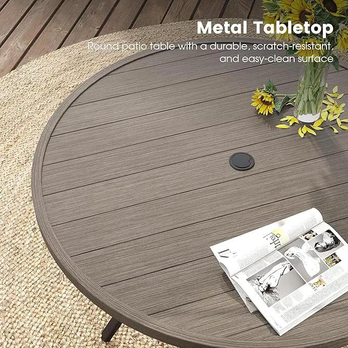 DIFY 48" Round Patio Dining Table for 6, Outdoor Metal Dining Table with 1.57" Umbrella Hole for Backyard Lawn Garden, Grey Wood-Like by GreenHaven Gardens