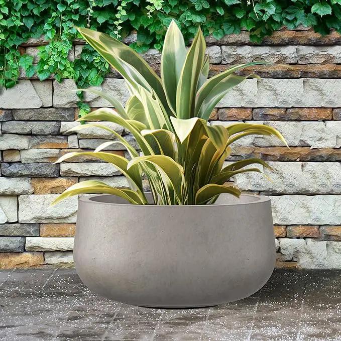 Kante 19.6" Dia Round Concrete Planter, Cement Plant Pots with Drainage Hole and Rubber Plug for Outdoor Indoor Garden Home, Modern Curvaceous Design, Weathered Concrete by GreenHaven Gardens