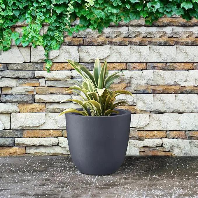 Kante 14 Inch Dia Round Concrete Planter, Indoor Outdoor Large Plant Pot with Drainage Hole and Rubber Plug for Home Patio Garden, Charcoal by GreenHaven Gardens