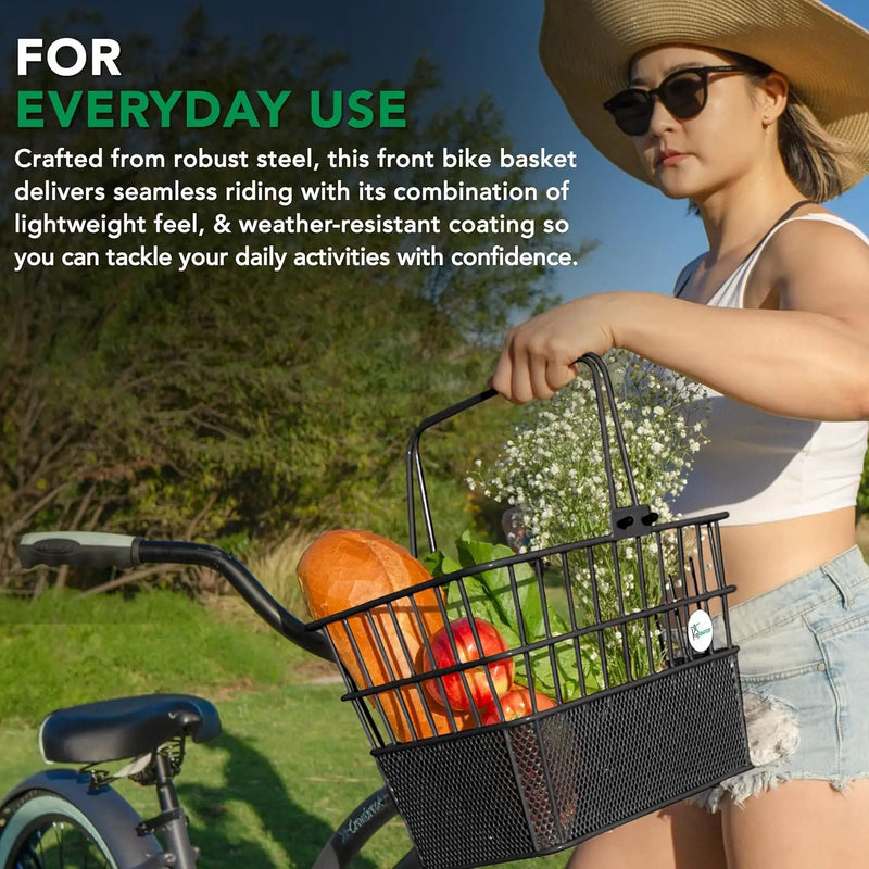 ProSource Wire Bike Basket Front for All Ages, Detachable Bicycle Front Basket with 15lbs Storage Capacity, Lightweight Steel Mesh Backing for Durable Daily Use, Black by GreenHaven Gardens