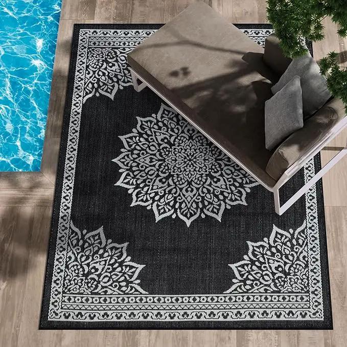 CAMILSON Outdoor Rug, 5x7 Medallion Black White Modern Area Rugs for Indoor and Outdoor Patios, Kitchen and Hallway Mats, Washable Porch Deck Outside Carpet (Medallion Black, 5 x 7) by GreenHaven Gardens