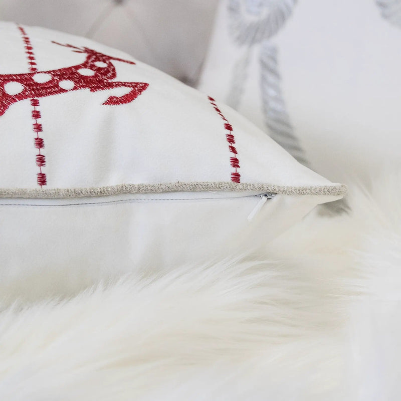 Christmas Throw Pillow With Embroidered Reindeer And Snowflakes - White by HouseOfZazla