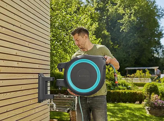 GARDENA (18630) Retractable Garden Hose Reel 115' x 1/2" Wall Mounted, Automatic Retraction & Length Lock for Easy Watering. Heavy Duty Swivel Bracket 180°, Includes Nozzle. Made in Europe by GreenHaven Gardens