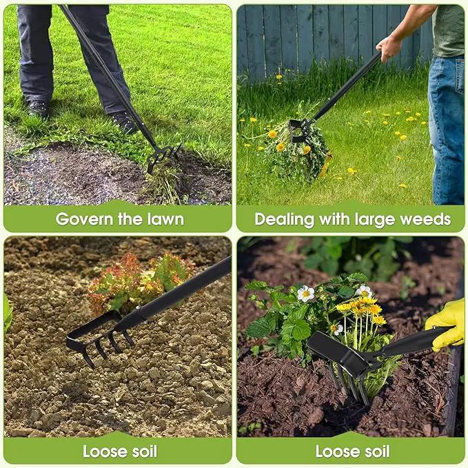 INFLATION Stirrup Hand Hula Hoe Heavy Duty Metal Gardening Weed Puller Tool 4 Tines Prong 2-in-1 Herb Stripper Yard Rake for Women Kids Men Garden Grandpas Weeder 32-62 inch Long Adjustable Handle by GreenHaven Gardens