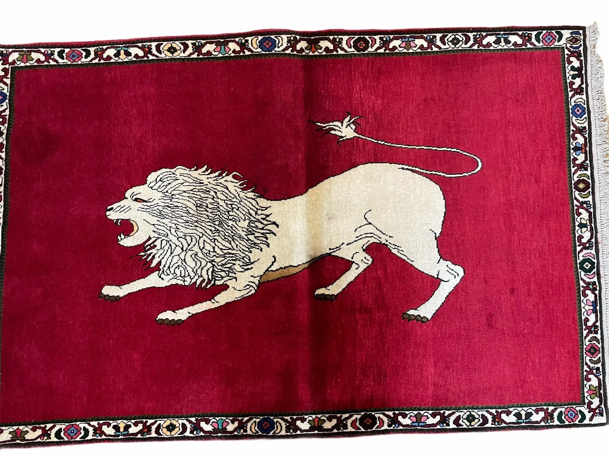 4 X 6 Handmade Hand-Knotted Quality Wool Rug Zagros Lion Red Ivory Tribal Rug by Jewel Rugs