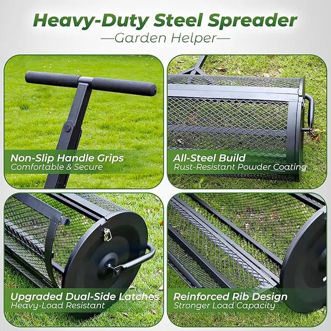 Walensee 44 Inch Compost Spreader Peat Moss Spreader with Side-Latch Design, Upgraded Large-Capacity Metal Mesh Roller for Lawn and Garden Care, Durable Manure Spreader for Seeding and Fertilizing by GreenHaven Gardens