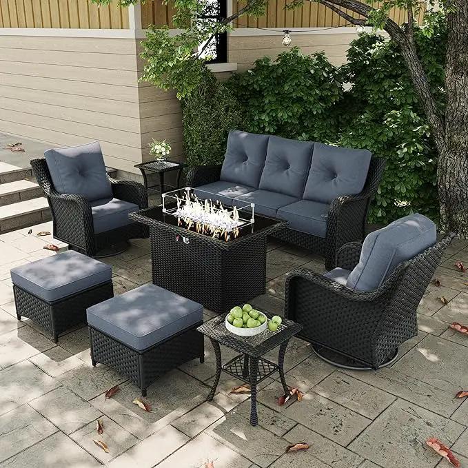7 Pieces Outdoor Patio Furniture Sets with Rocking Swivel Chairs with 6-inch Thick Cushion and Fire Pit Table for Deck Lawn by GreenHaven Gardens
