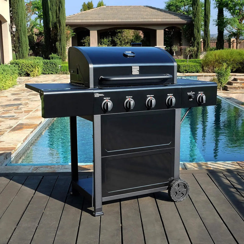 Kenmore 4-Burner Gas Grill with Side Burner, Outdoor BBQ Grill, Propane Gas Grill, Cast Iron Cooking Grates, Electronic Ignition, Warming Rack, Open Cart Design, 53000 BTUs, Black by GreenHaven Gardens