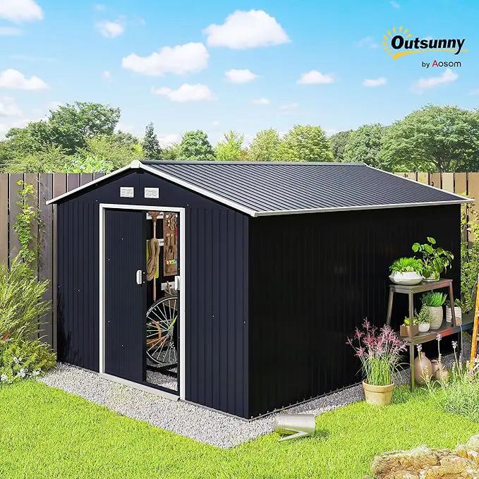 Outsunny 11' x 9' Outdoor Storage Shed, Garden Tool Metal Shed with Foundation Kit, Double Lockable Door, Air Vents and Sloping Roof, for Backyard, Patio, Lawn, Dark Gray by GreenHaven Gardens