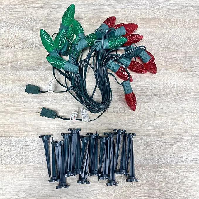 C9 Christmas Pathway Lights with Stakes,Red Green,30 Ft 20 Strawberry LED Bulbs and Stakes,Connectable Shatterproof Outdoor Lights Marker for Xmas Yard Garden Path Lawn Walkway Sidewalk by GreenHaven Gardens